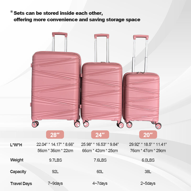 Hard Shell Luggage, 3 Piece Set, With Tsa Lock, 20 Inches 24 Inches 28 Inches Rose Gold Polypropylene