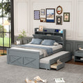 Full Size Wooden Bed With Storage Headboard With Outlets, Extendable Bed With Twin Size Trundle With Three Storage Drawers,Gray Expected Arrival Time:8.23 Full Gray Wood