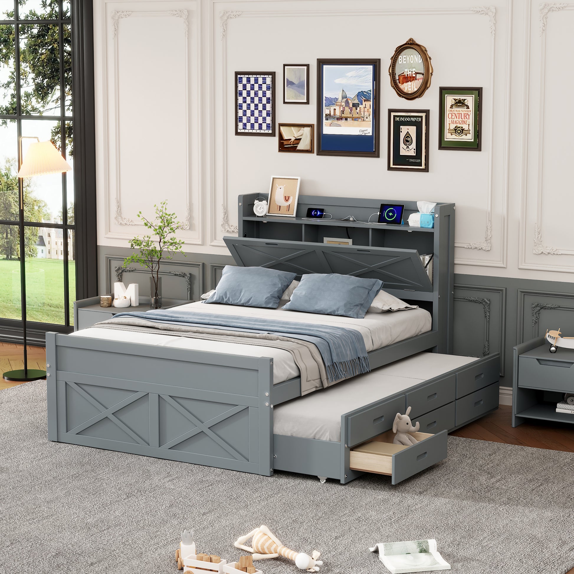 Full Size Wooden Bed With Storage Headboard With Outlets, Extendable Bed With Twin Size Trundle With Three Storage Drawers,Gray Expected Arrival Time:8.23 Full Gray Wood