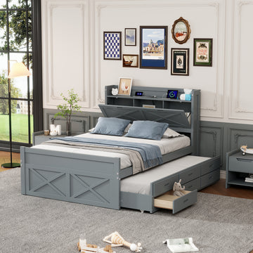 Full Size Wooden Bed With Storage Headboard With Outlets, Extendable Bed With Twin Size Trundle With Three Storage Drawers,Gray Expected Arrival Time:8.23 Full Gray Wood
