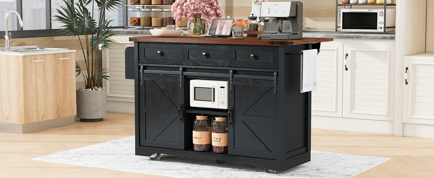 K&K 53.7" Farmhouse Kitchen Island With Power Outlet, 2 Sliding Barn Door Kitchen Storage Island With Drop Leaf, Spice Rack Rolling Kitchen Cart On Wheels, For Home, Kitchen And Dining Room, Black