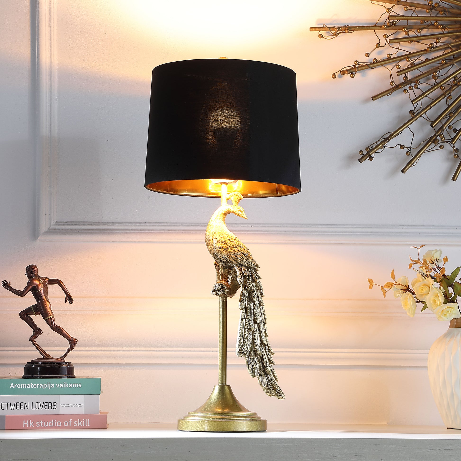 29" In Modern Elegance Golden Peacock On A Pedestal Polyresin Table Lamp Golden Polyresin