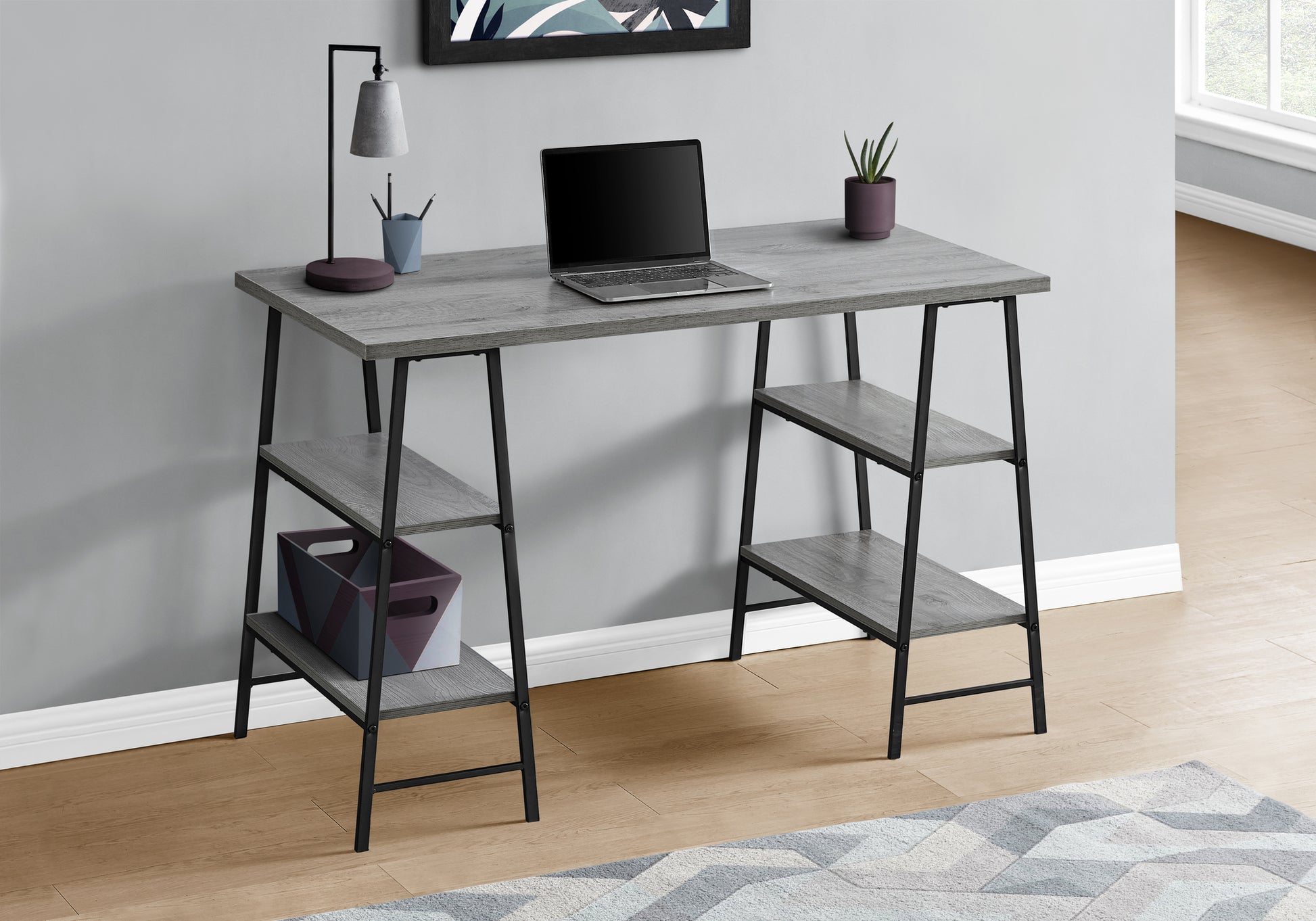 Computer Desk, Home Office, Laptop, Storage Shelves, 48"L, Work, Grey Laminate, Black Metal, Contemporary, Modern Grey Metal