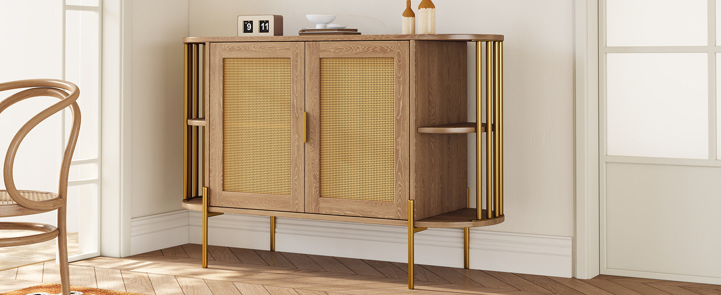 2 Door Elegant Curved Dining Cabinet With Gold Trim And Woven Rattan Doors For Dining Room Natural Natural Particle Board