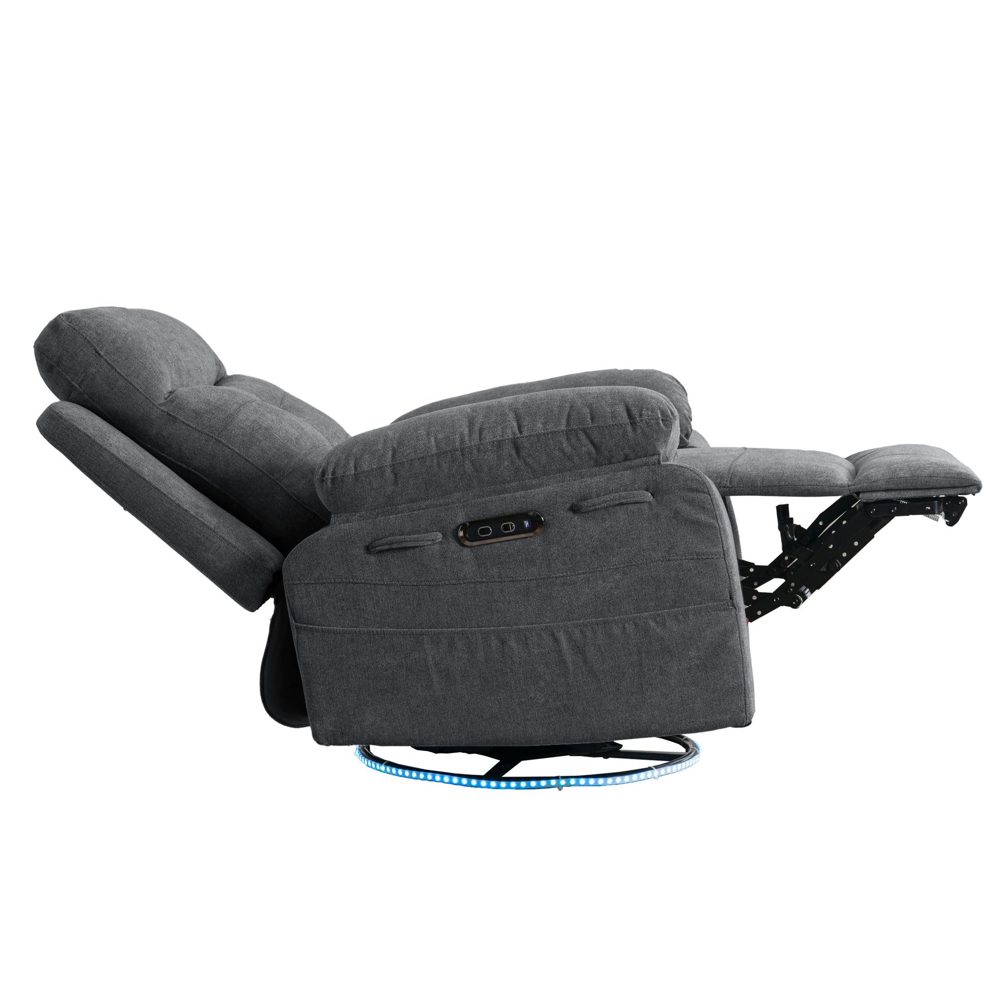 Power Recliner Glider Chair With Bluetooth Speaker 270 Degree Swivel With Led Light Side Arm With Storage Pockets Usb Type C Charging Port Button Control Retractable Footrest Adjustable Backrest Dg Dark Grey Linen Power Push Button Primary Living Space