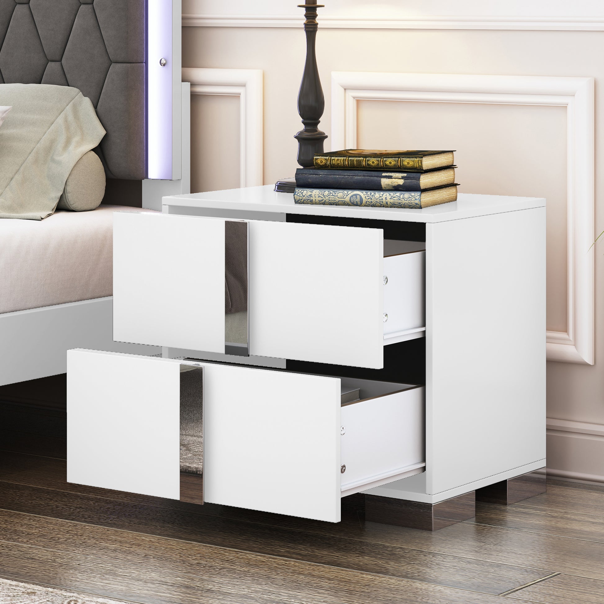 Elegant Nightstand With Metal Handle,Mirrored Bedside Table With 2 Drawers For Bedroom,Living Room,White White 2 Drawers Mdf Metal