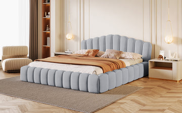 Velvet Upholstered Queen Bed Floor Bed Frame Shell Shaped Headboard For Bedroom,No Box Spring Needed,Light Blue Box Spring Not Required Queen Light Blue Wood Bedroom Contemporary Bed Frame Upholstered