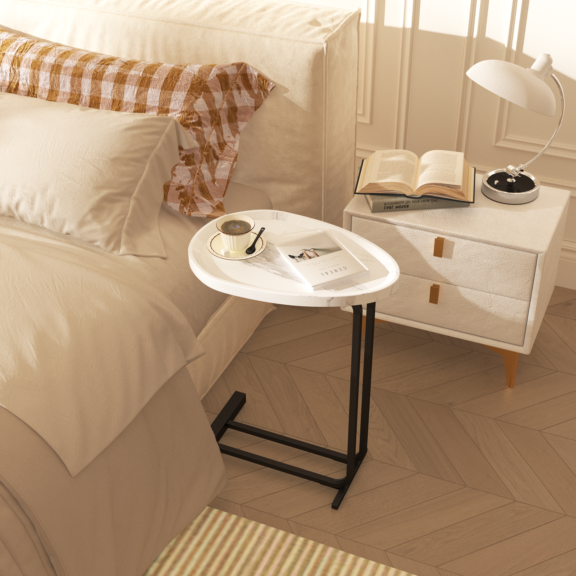 C Shaped Side Table, C Table End Table For Sofa And Bedside, Couch Side Tables, Wood C Shaped End Table With Metal Frame Slide For Bedroom Living Room White White Mdf Metal