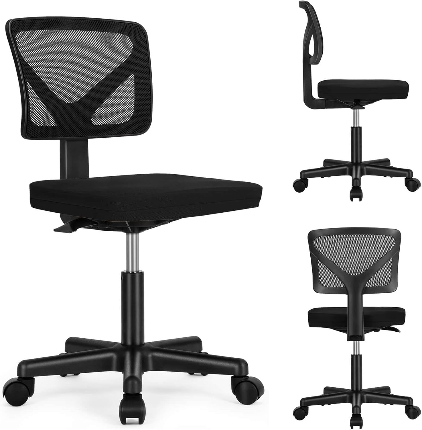 Low Back Mesh Armless Office Chair,Swivel Rolling Computer Chair No Arms With Lumbar Support, Black Black Metal