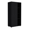 Misuri Wardrobe Armoire With Double Door, Drawer, Hanging Rodss, And Open Shelves Black Black Particle Board