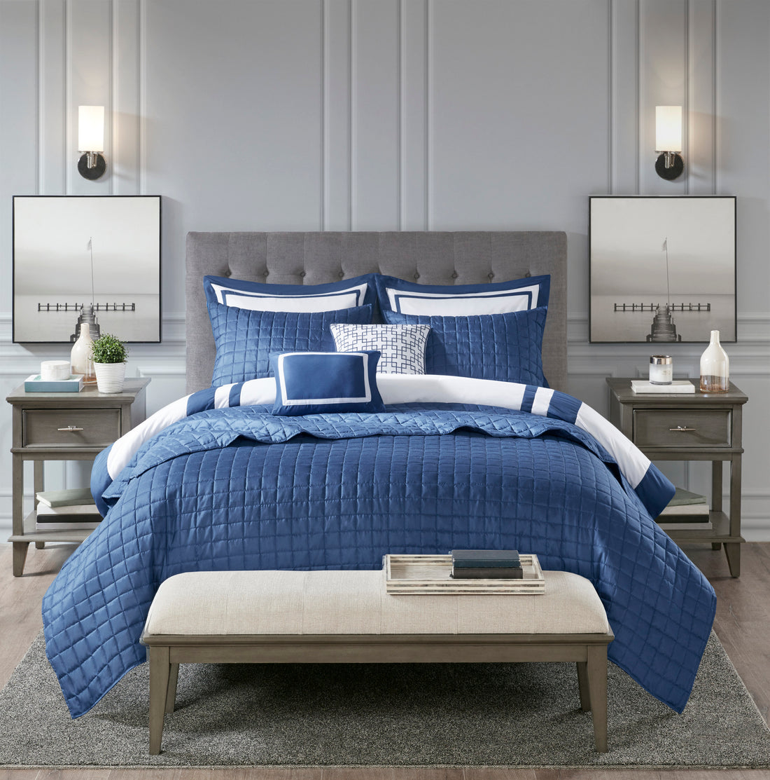 8 Piece Comforter And Quilt Set Collection Navy King Cal King King Navy Polyester
