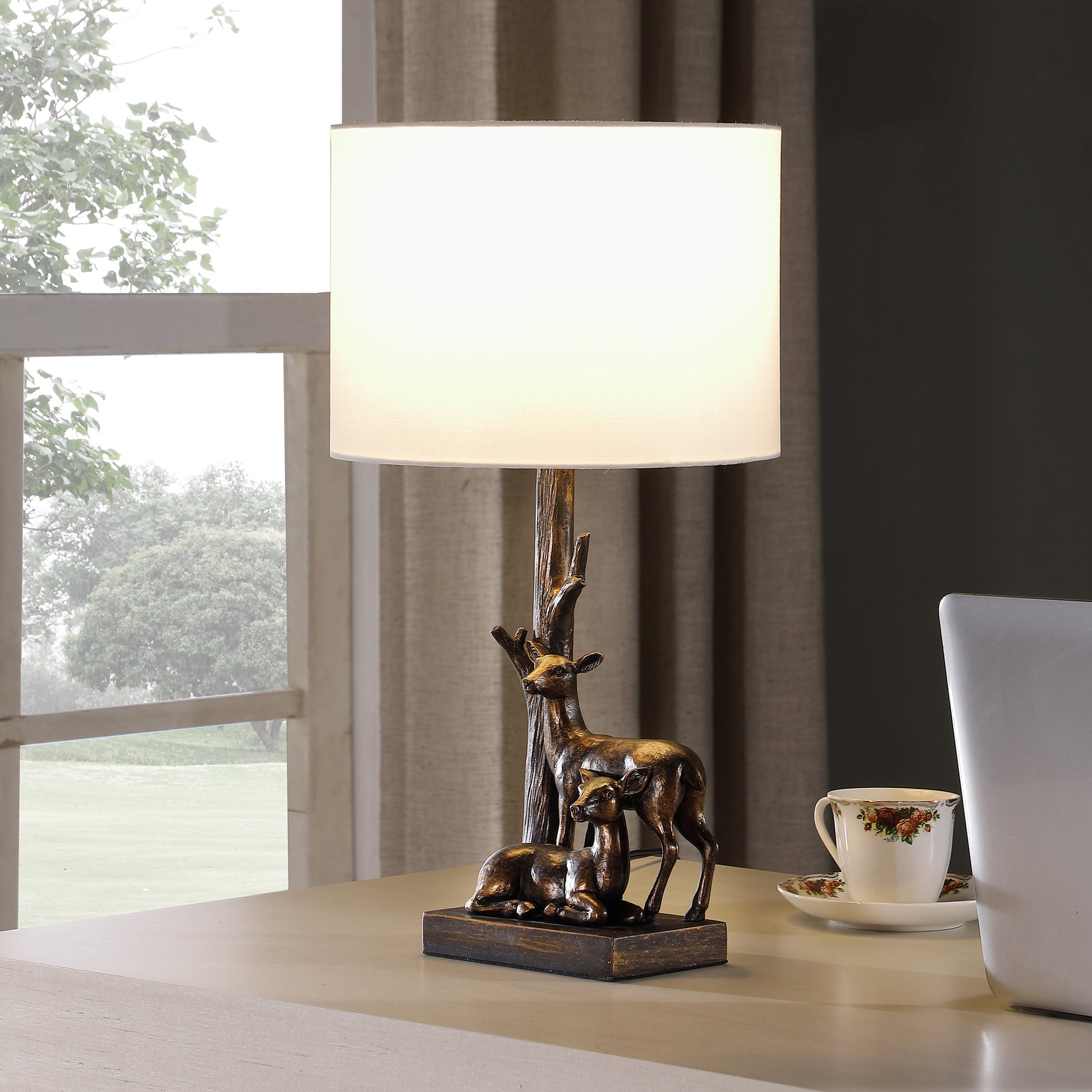 19.75" In Capreolus Bronze Western Roe Deers Polyresin Table Lamp Multi Polyresin