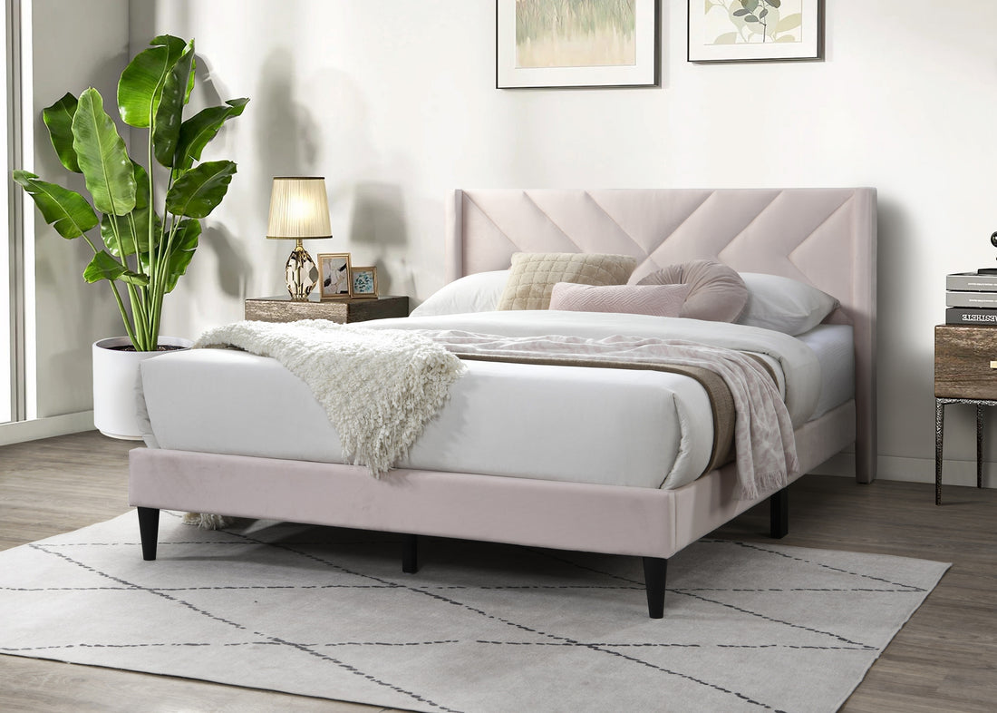 Elegant Modern Light Pink Velvet Upholstered Queen Size Bed Clean Lines Design Headboard 1Pc Bedframe Box Spring Not Required Queen Light Pink Wood Bedroom Contemporary,Modern Bed Frame Velvet