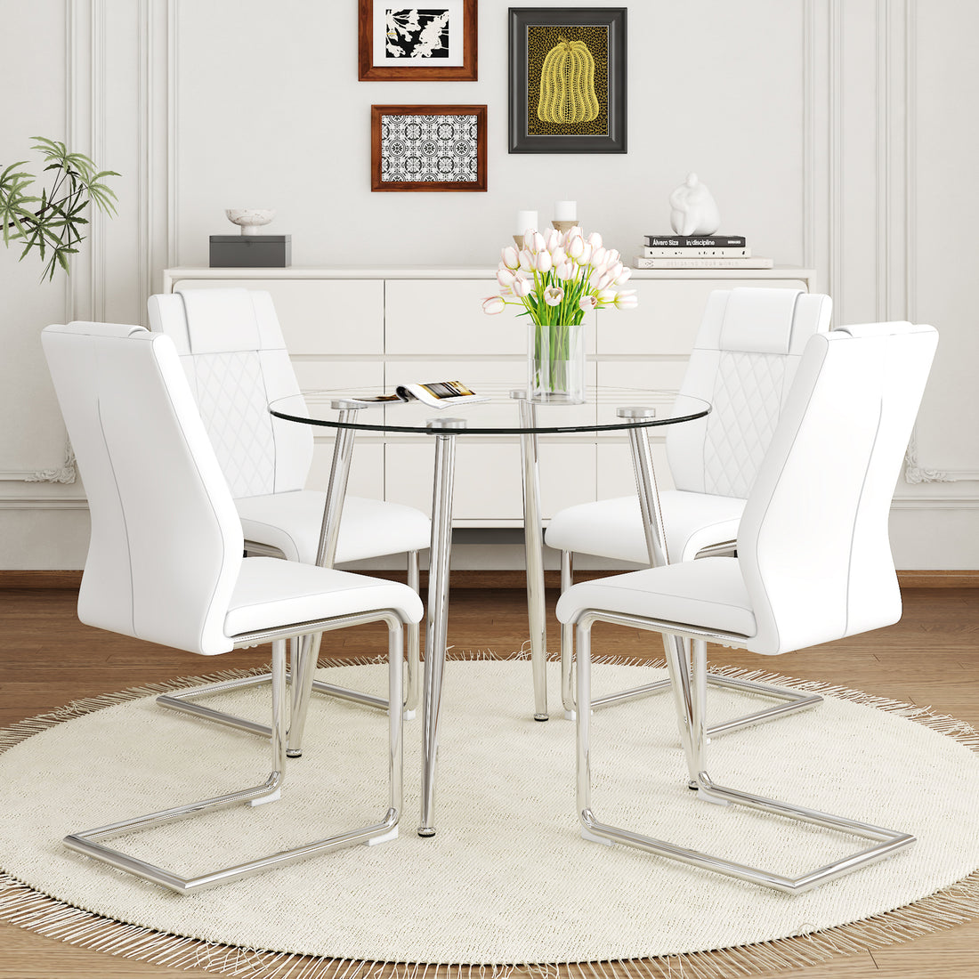 A Modern Minimalist Round Transparent Tempered Glass Table With Silver Metal Legs And 4 Modern Pu Leather High Backed Dining Chairs For A Luxurious Experience. White Seats 4 Glass Metal