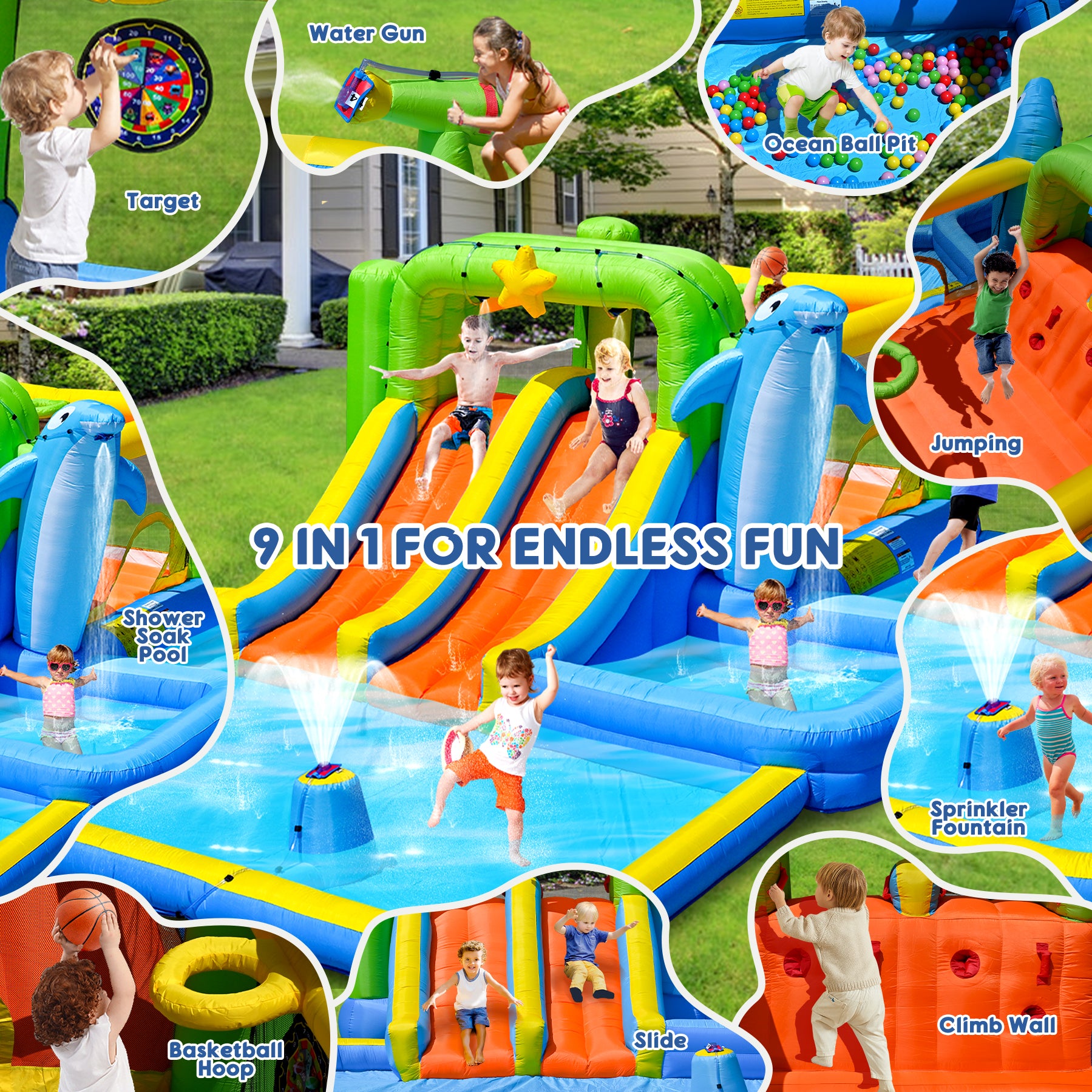 9 In 1 For Endless Fun Inflatable Bounce House With Blower Shower Soak Pool Sprinkler Fountain Water Target For Kids Multicolor Oxford Fabric