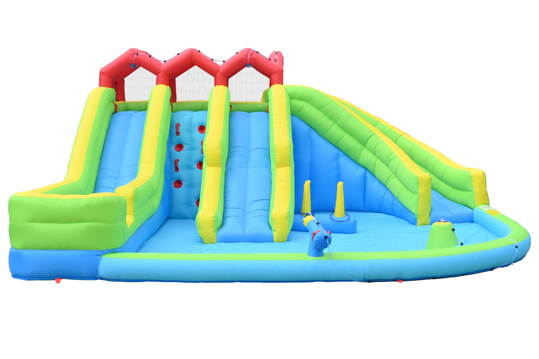 7 In1 Inflatable Water Park Three Slide With Blower Water Sprinkler Fountain Climbing Wall For Children Multicolor Oxford Fabric