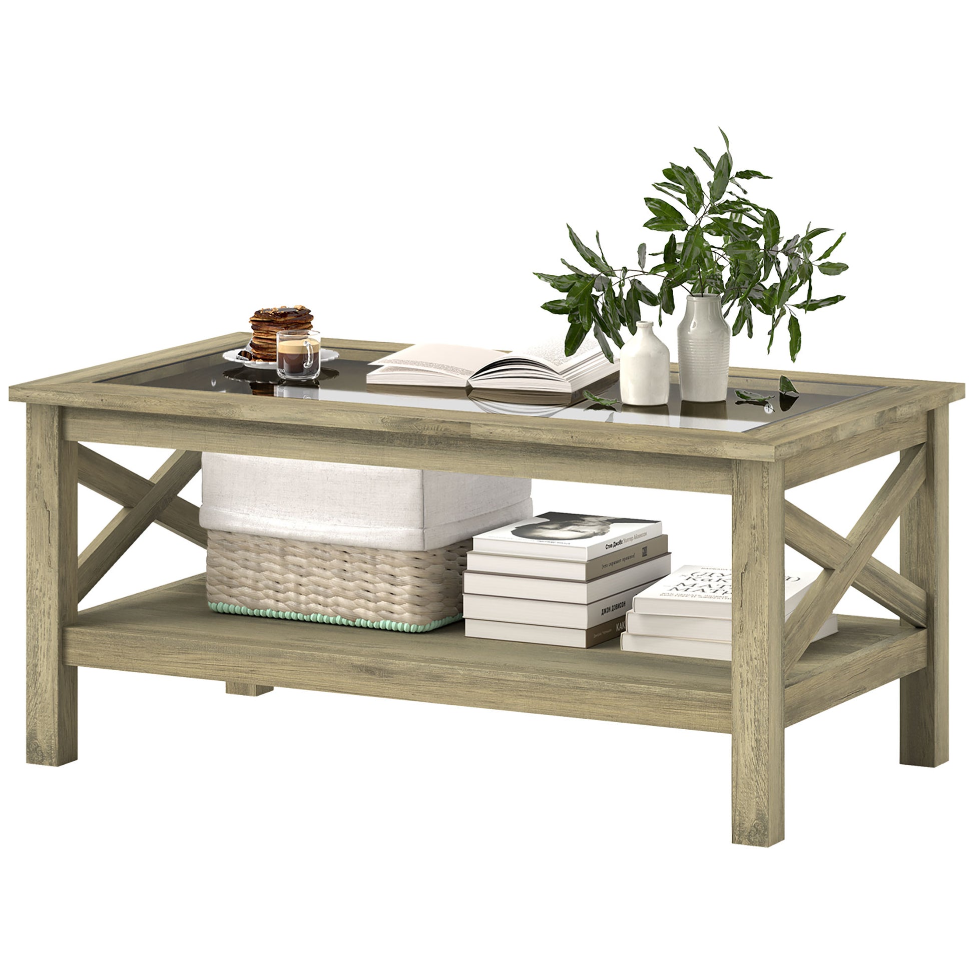 Homcom Glass Coffee Table, Modern Farmhouse Center Table With Storage, Side Table For Living Room With Classic X Bar Style Sides, Gray Gray Mdf