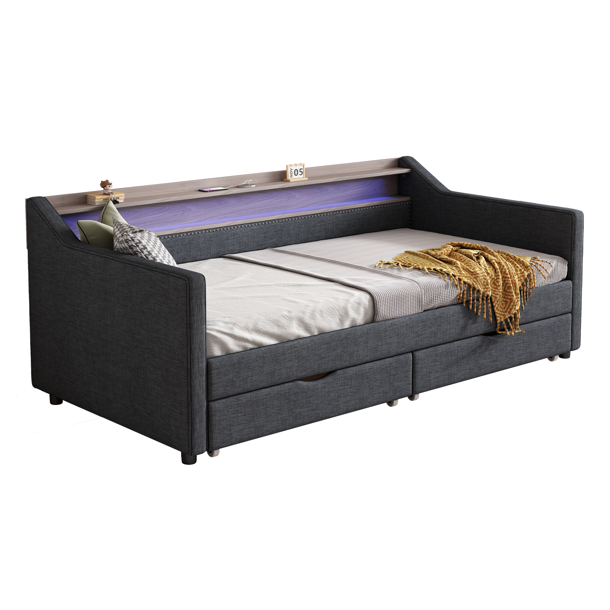Twin Size Daybed With 2 Storage Drawers And 2 Tier Shelf & Usb Type C Port, Modern Linen Upholstered Sofa Day Bed Frame With Smart Led Light For Livingroom, Apartment, Dark Grey Box Spring Not