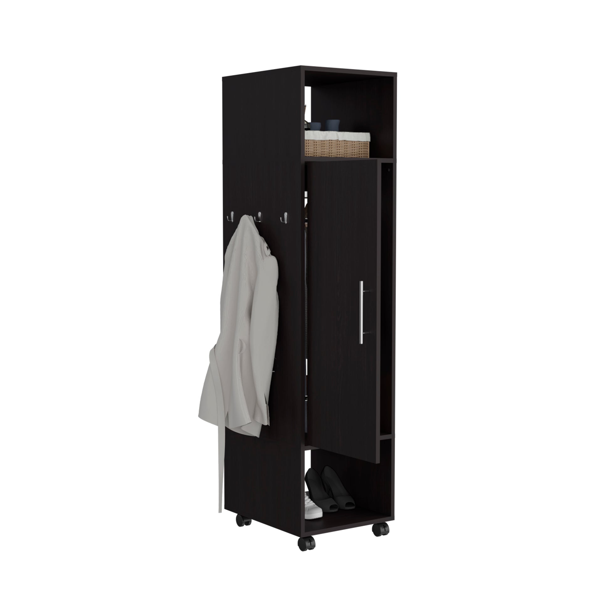 Cluster 63" Tall Wardrove One Door Cabinet With Mirror, Three Shelves, Casters And Hanging Rod, Armoire, Bedroom Clothes Storage, Cabinet Organizer Black Black Bedroom Modern Particle Board