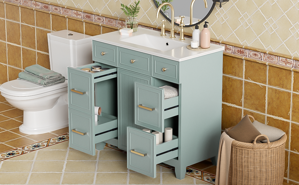 36" Bathroom Vanity With Ceramic Sink, Green, Solid Wood Frame, Soft Close Doors, Adjustable Shelves, 3 Drawers ,Including Double Depth Drawer For Hairdryer Storage Old Sku:Sv000003Aag 1 Green