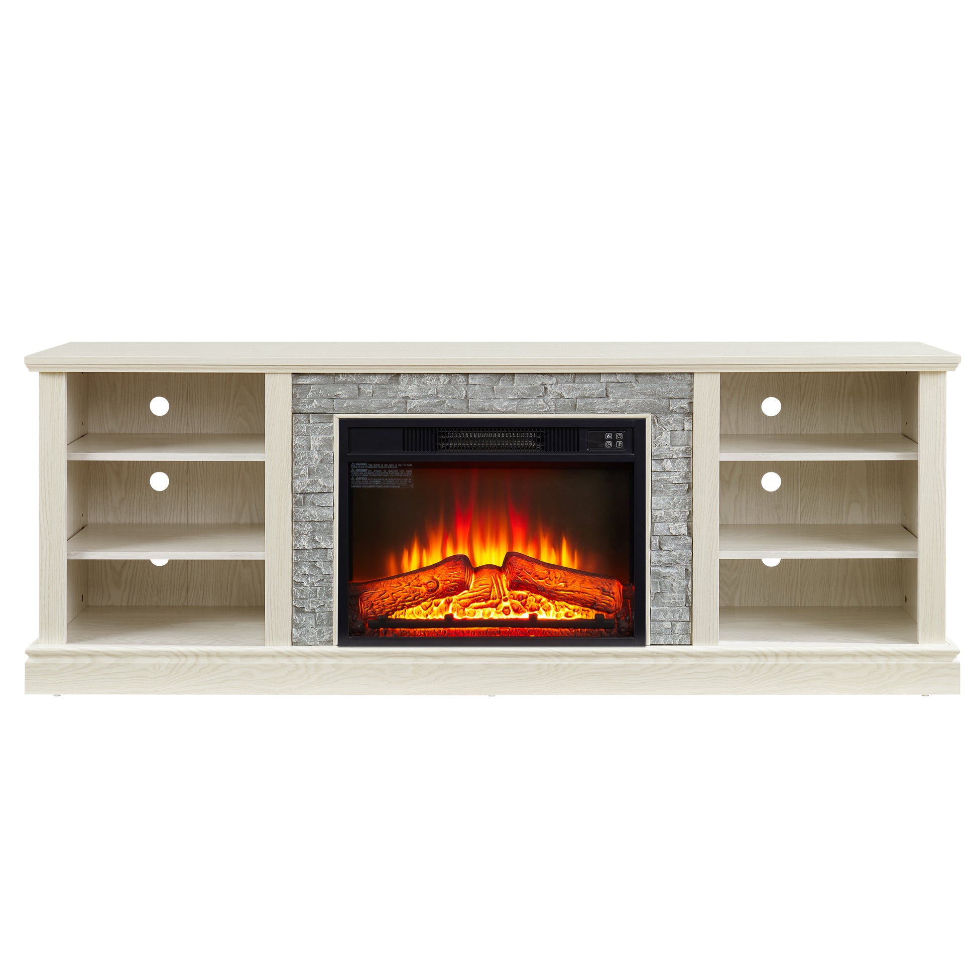 Large Faux Stacked Stone Tv Desk Storage Rack, Media Console Table With Large Storage Cabinet,Modern Tv Media Stand With 23" Fireplace Insert,White, 70.12"W*15.35"D*25.83"H White 70 79 Inches Mdf