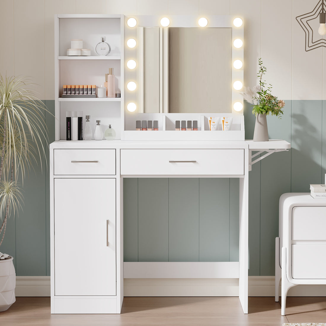 Vanity Desk With Drawers & Mirror With Lights, With Drawers & Cabinet 3 Shelves Lots Storage For Stylish Bedroom White White Particle Board