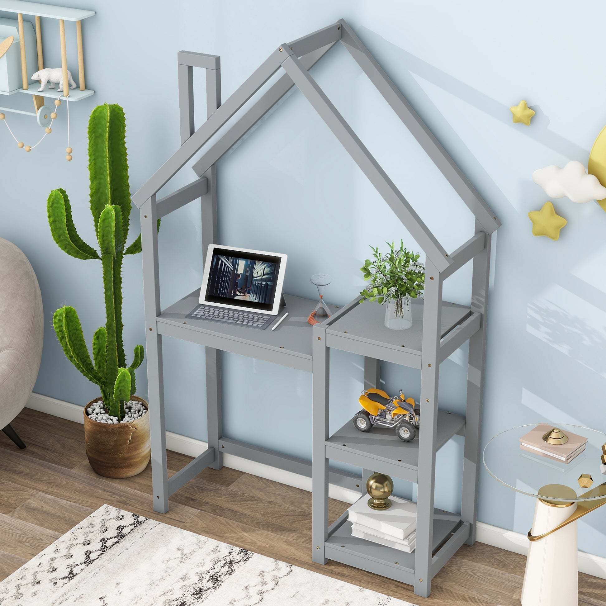 House Shaped Wooden Writing Desk,Kids Study Table,Bookshelf & Toy Storage,Grey Twin Grey American Design Pine