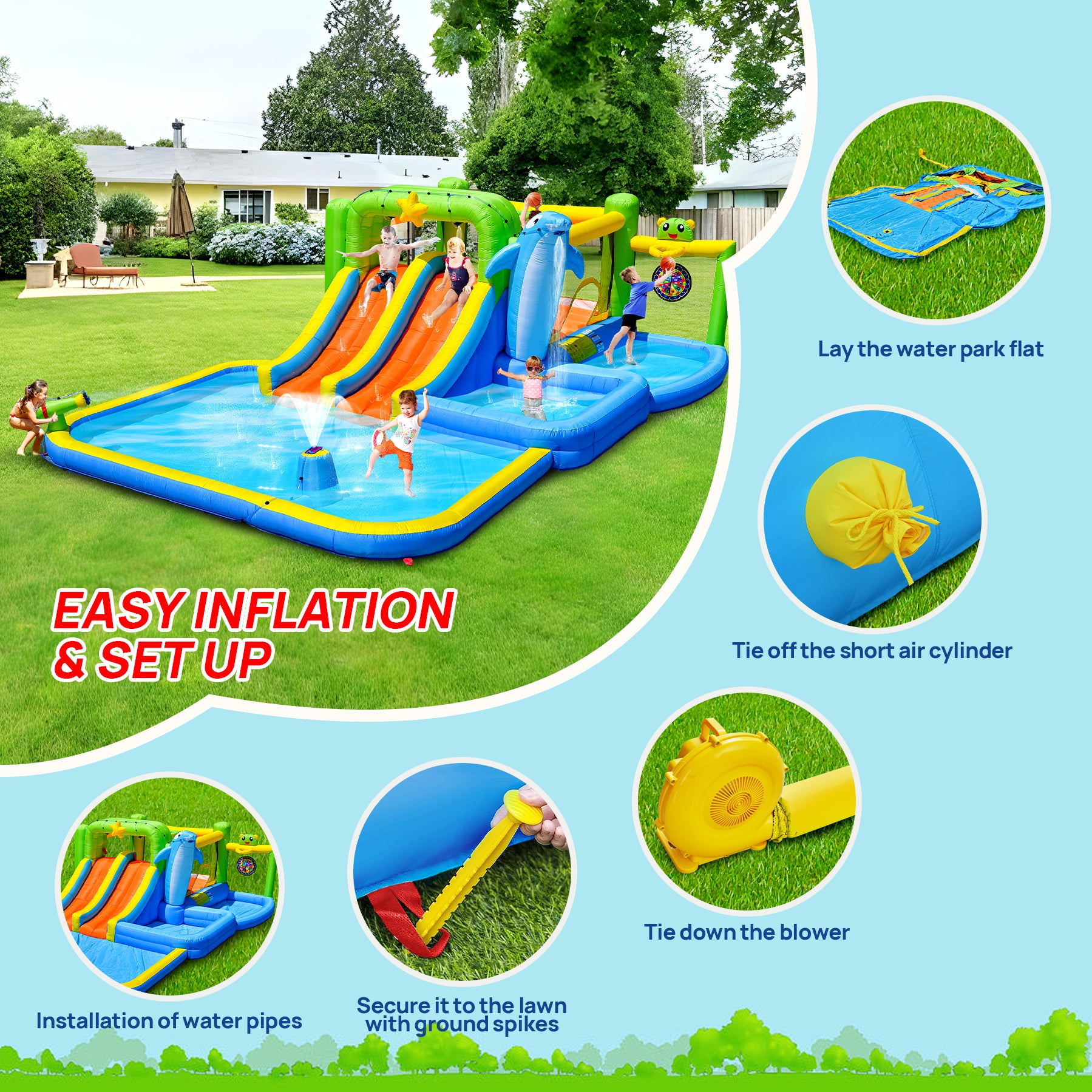 9 In 1 For Endless Fun Inflatable Bounce House With Blower Shower Soak Pool Sprinkler Fountain Water Target For Kids Multicolor Oxford Fabric