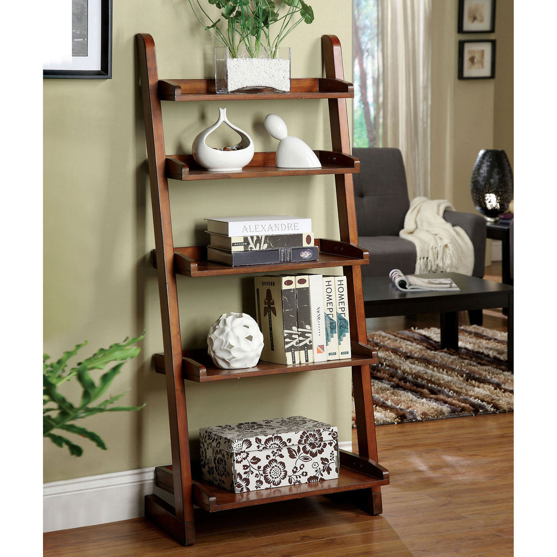 Antique Oak 1Pc Ladder Shelf 5 Tier Shelf For Books Modern Style Living Room Display Shelf Book Shelf 5 Oak Primary Living Space Open Back Contemporary,Modern,Rustic,Transitional Solid Wood