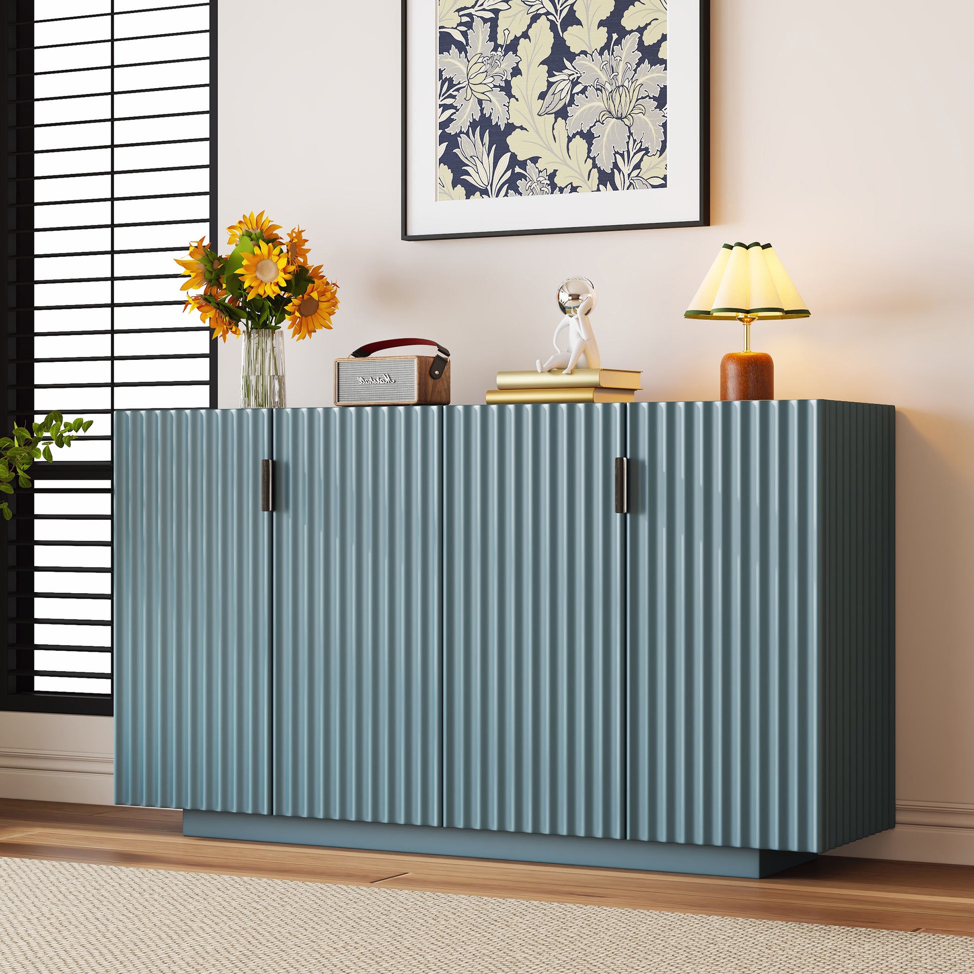 4 Wavy Doors Large Storage Space Sideboard With Adjustable Shelves And Retro Copper Handles For Dining Room And Living Room Antique Blue Antique Blue Mdf