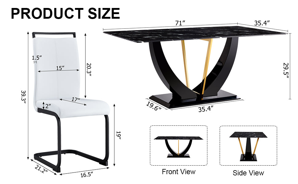 Table And Chair Set, Modern Dining Table, Patterned Table Top And Black Mdf Table Legs, Soft And Comfortable Dining Chair, Perfect For Dinner, Meetings, Home And Office Decor White Black Mdf Glass