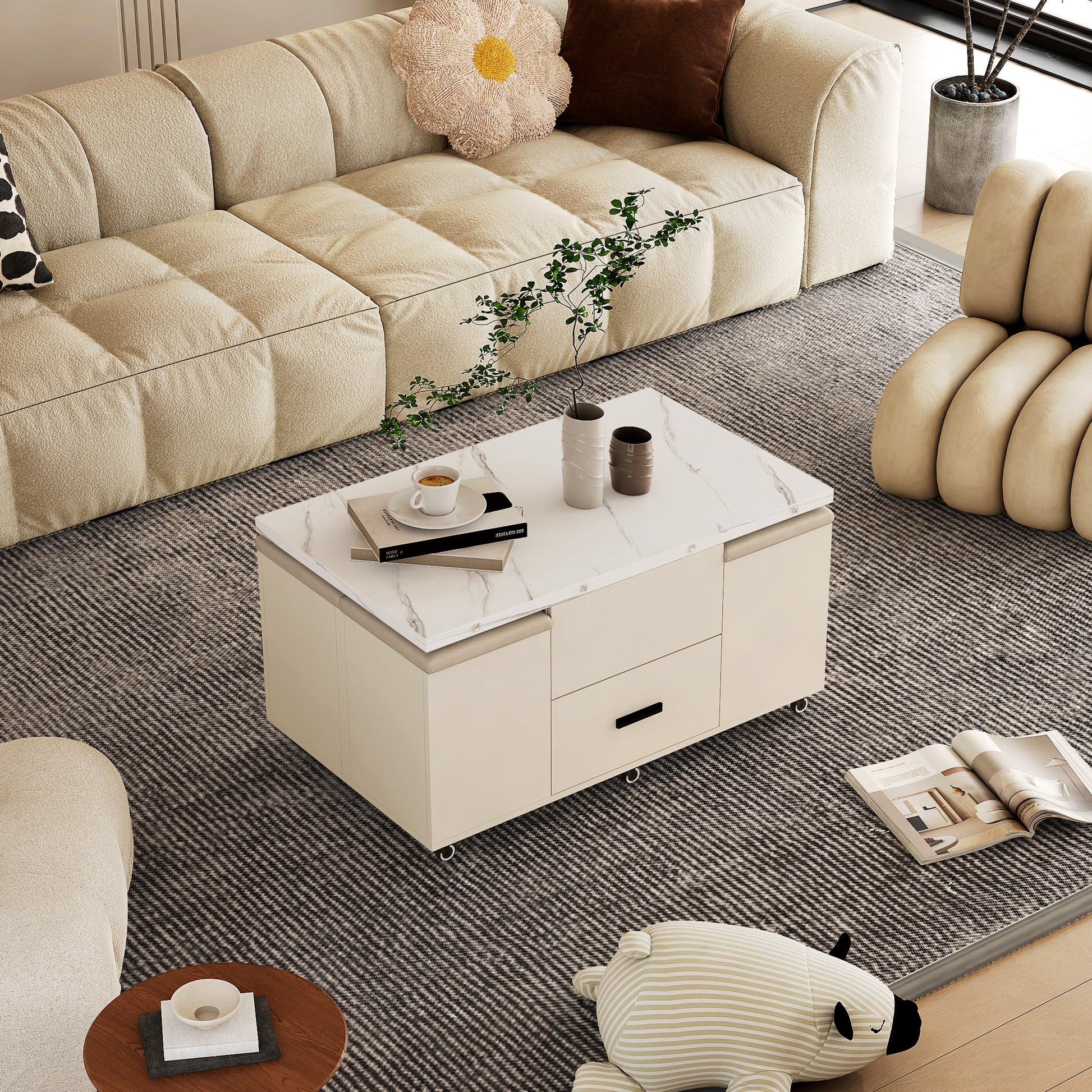 Modern Lift Up Coffee Table With 4 Stools Set For Living Room Expandable 1 Hidden Storage 2 Drawers Space Saving Folding Dining Table White Mdf
