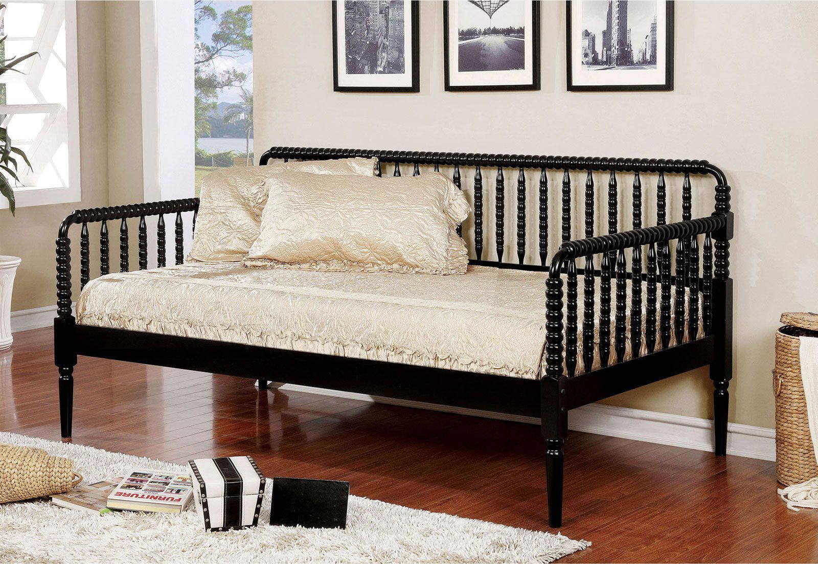 Black Wooden Twin Day Bed Unique Design Railing Headboard Platform Bed 1Pc Day Bed W Trundle Twin Black Wood Bedroom Antique,Classic,Traditional Solid Wood