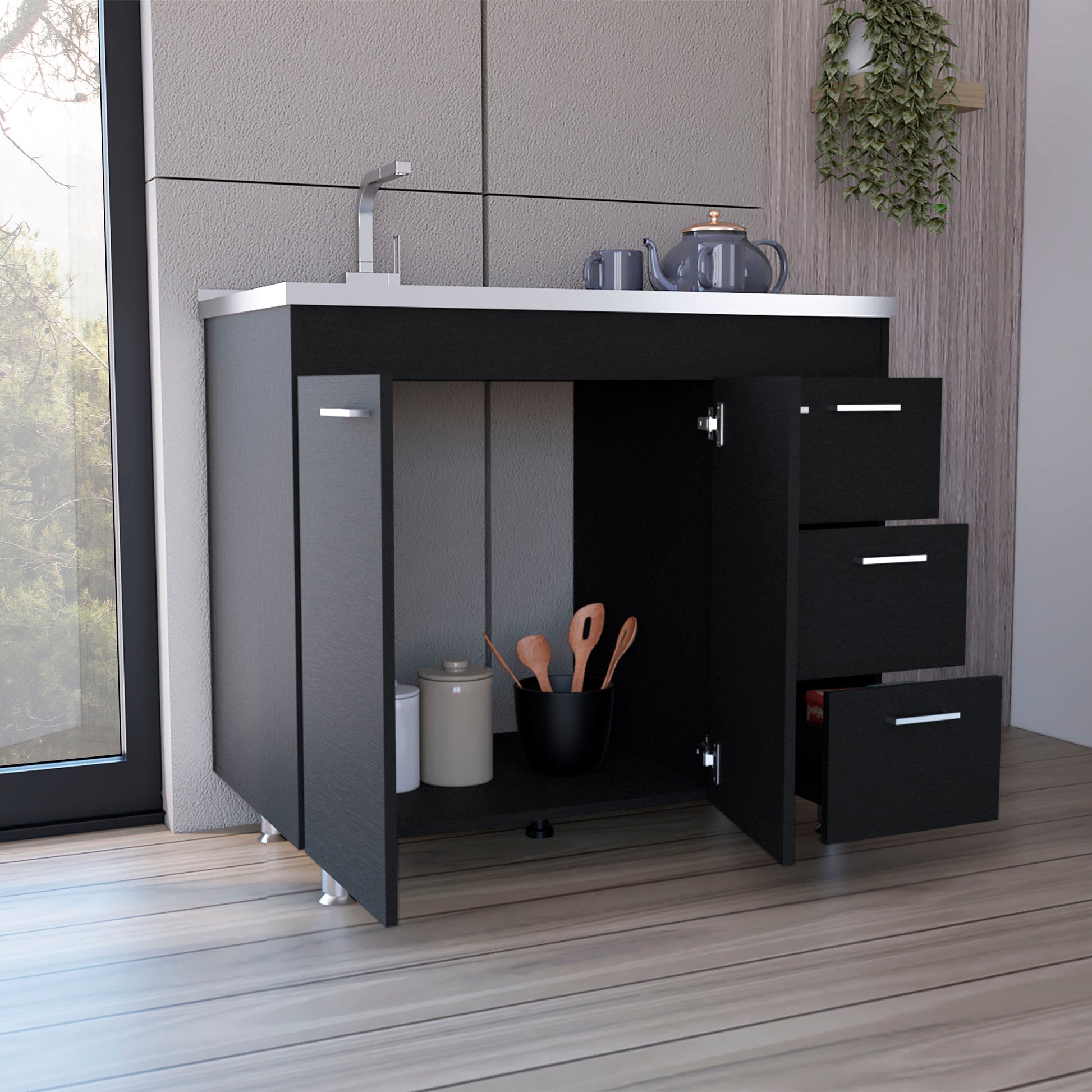 Ferretti Utility Sink With Three Drawers And Double Door Cabinet Black Kitchen Shelves Included Modern Particle Board