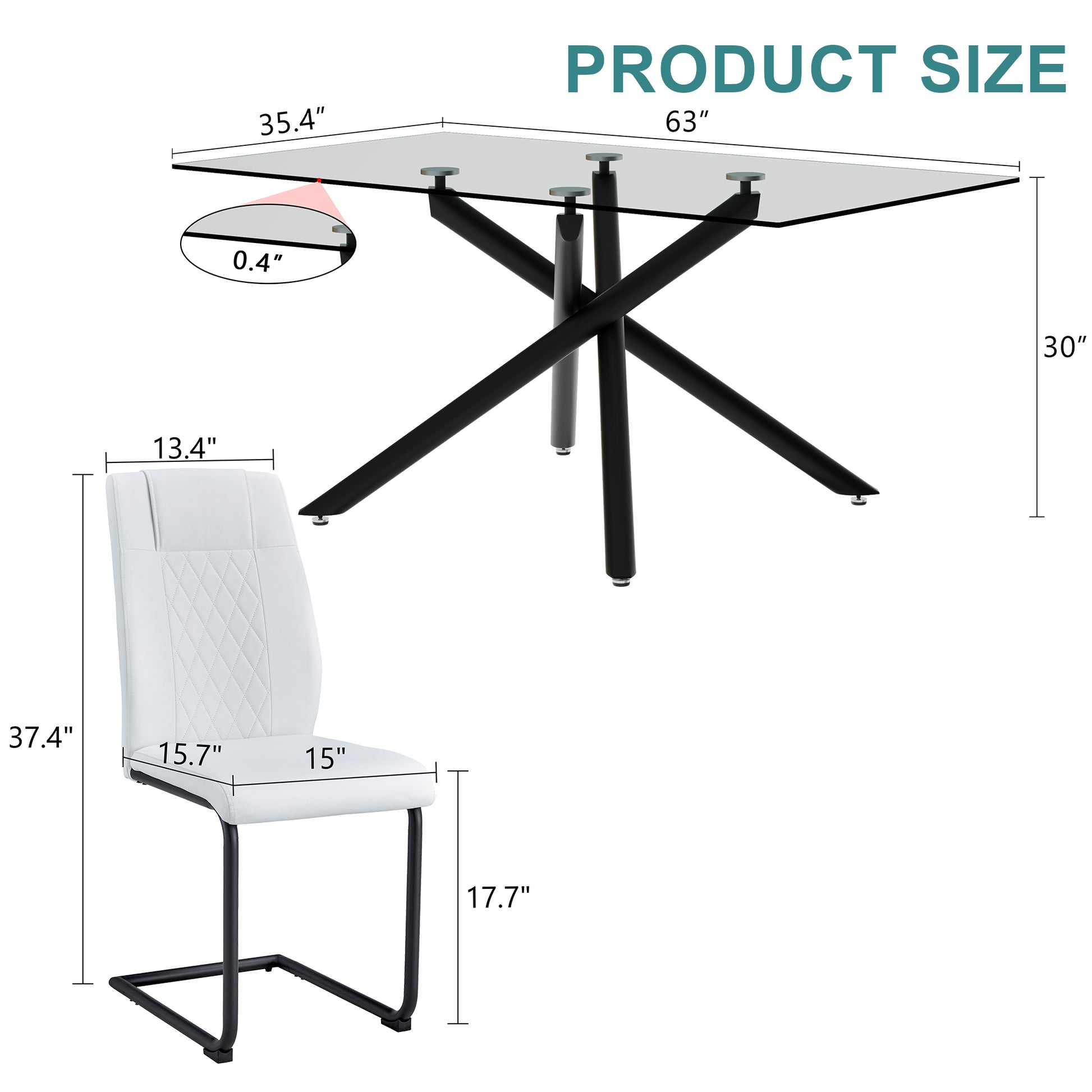 Table And Chair Set.Modern Rectangular Glass Dining Table With 0.39" Tempered Glass Tabletop And Black Metal Legs.Paired With Multiple Chairs Designed With Pu Cushions And Black Metal Legs. White Black Seats 4 Tempered Glass
