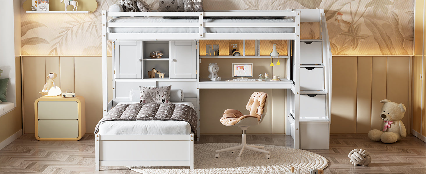 Twin Over Twin Loft Bed With Built In Desk And Staircase, With Storage Compartments And Shelves, White Twin Box Spring Not Required White Wood Pine