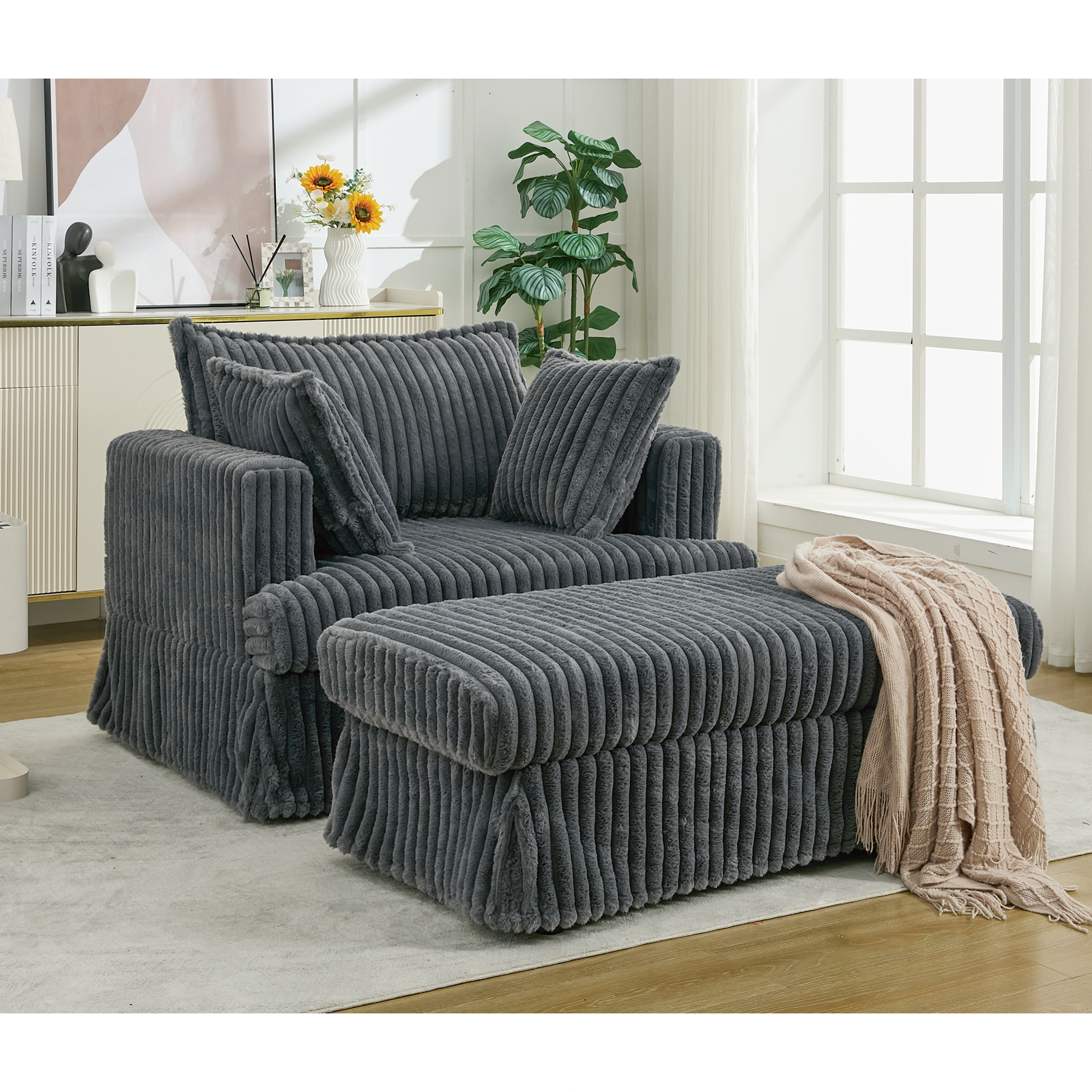 Arrived 47.7'' Oversized Corduroy Chaise Longue With Ottoman, Deep Seat Reclining Chair Sofa, Comfy Thicked Upholstered Pad Chair ,With Foot Stool ,Oversize, Movable Ottoman, Dark Gray Dark Gray