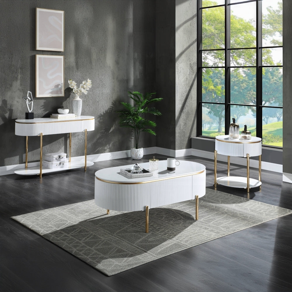 White High Gloss And Gold End Table With Metal Leg White Gold Primary Living Space Drawers Rectangular Wood Metal