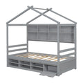 Twin House Bed With Roof Frame, Bedside Shelves, Under Bed Storage Unit,Grey Twin Grey American Design Pine