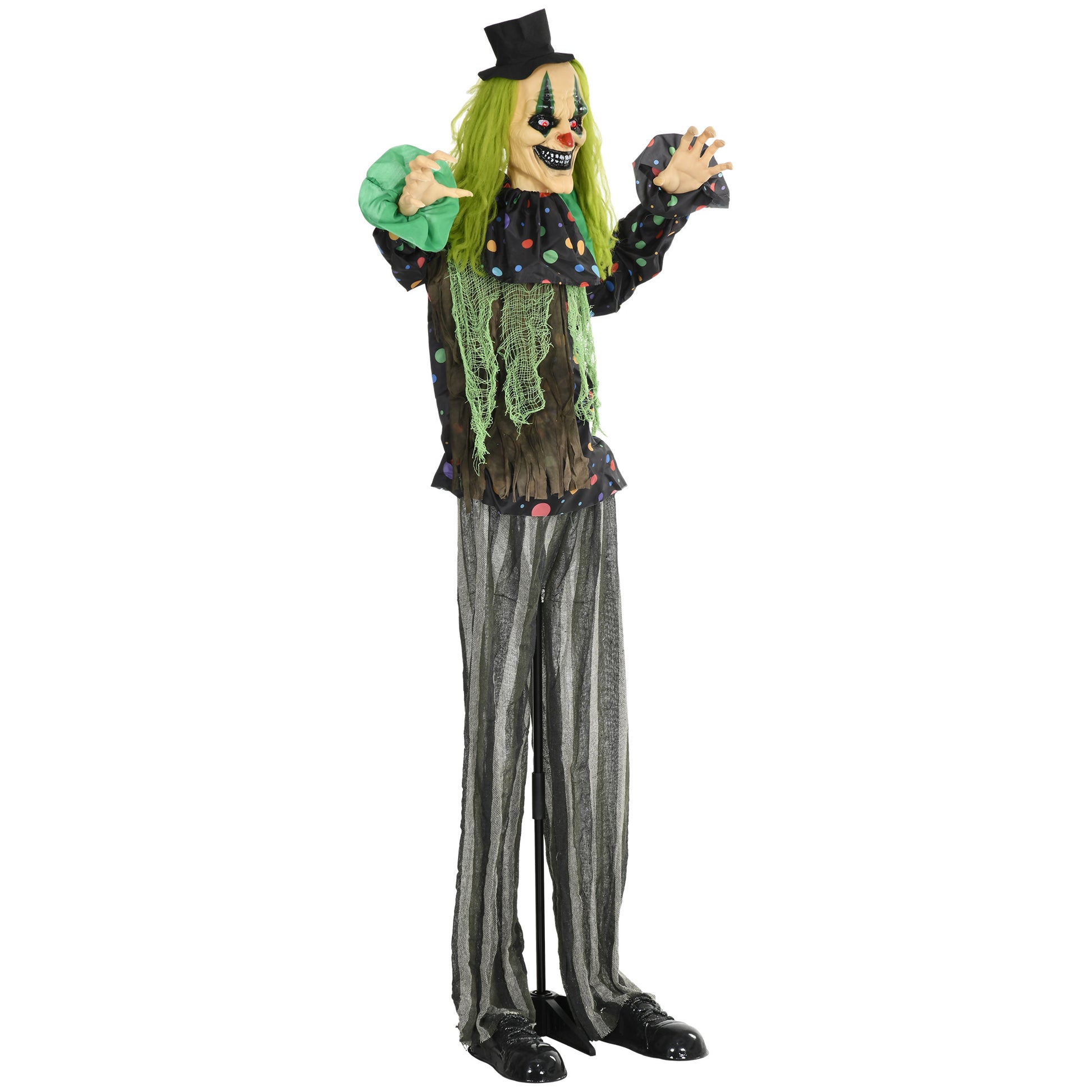 Homcom 6.1' Life Size Outdoor Halloween Decoration, Animatronic Circus Clown, Sound And Motion Activated Animated Prop With Light Up Eyes, Talking And Laughter Green Polyester