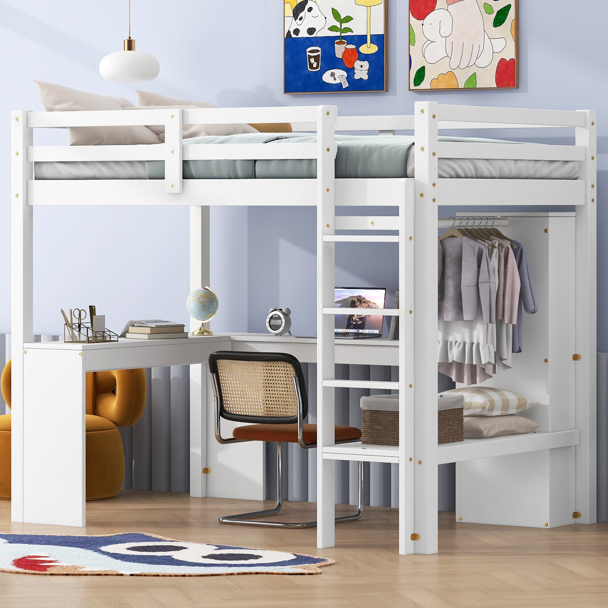 Twin Size Loft Bed With L Shaped Desk, Wardrobe And Storage Shelves, White Box Spring Not Required Twin White Wood Bedroom Solid Wood Mdf