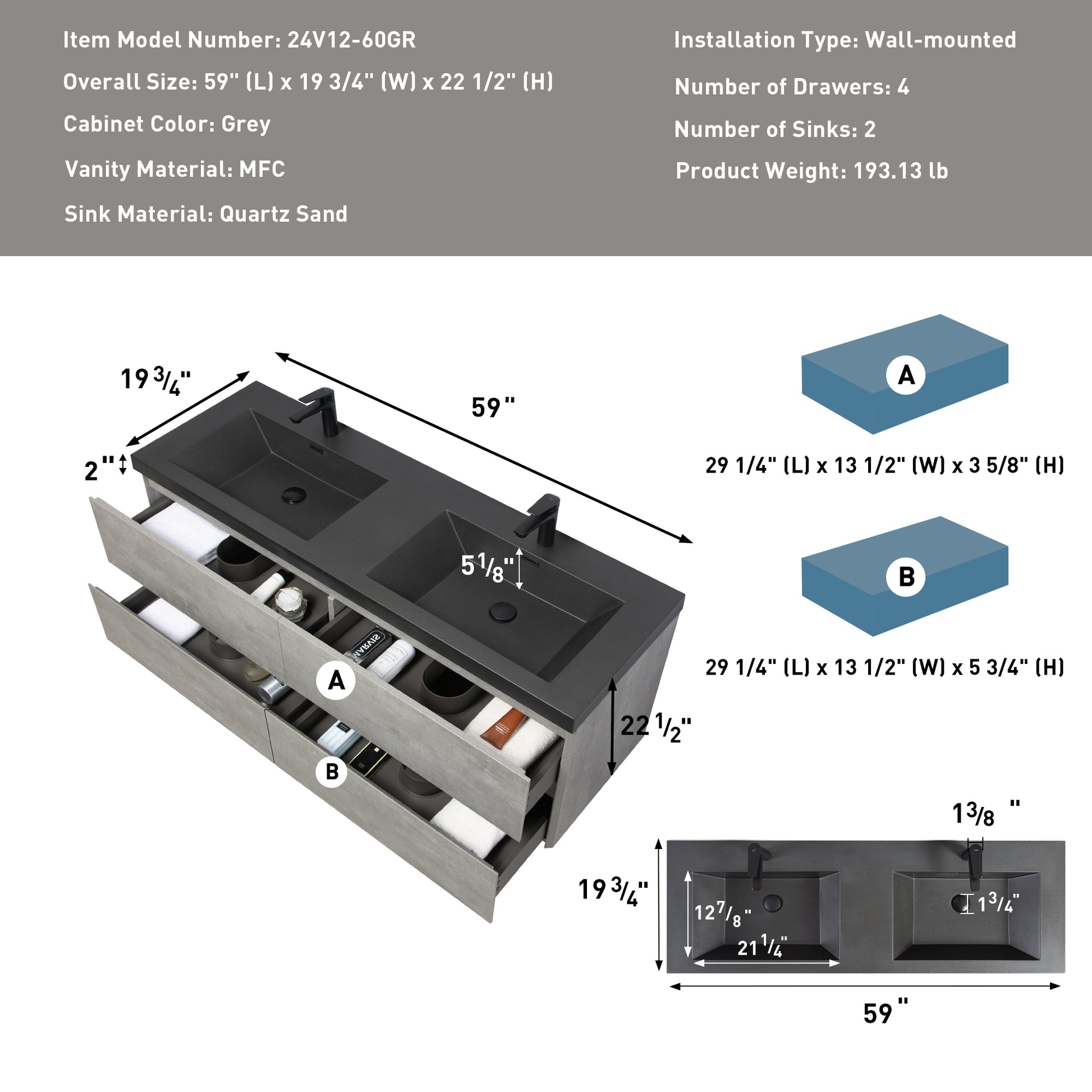 60" Floating Bathroom Vanity With Sink, Modern Wall Mounted Bathroom Storage Vanity Cabinet With Double Black Quartz Sand Top Basins And Four Soft Close Drawers, 24V12 60Gr Grey 4 Grey Wall Mounted Plywood