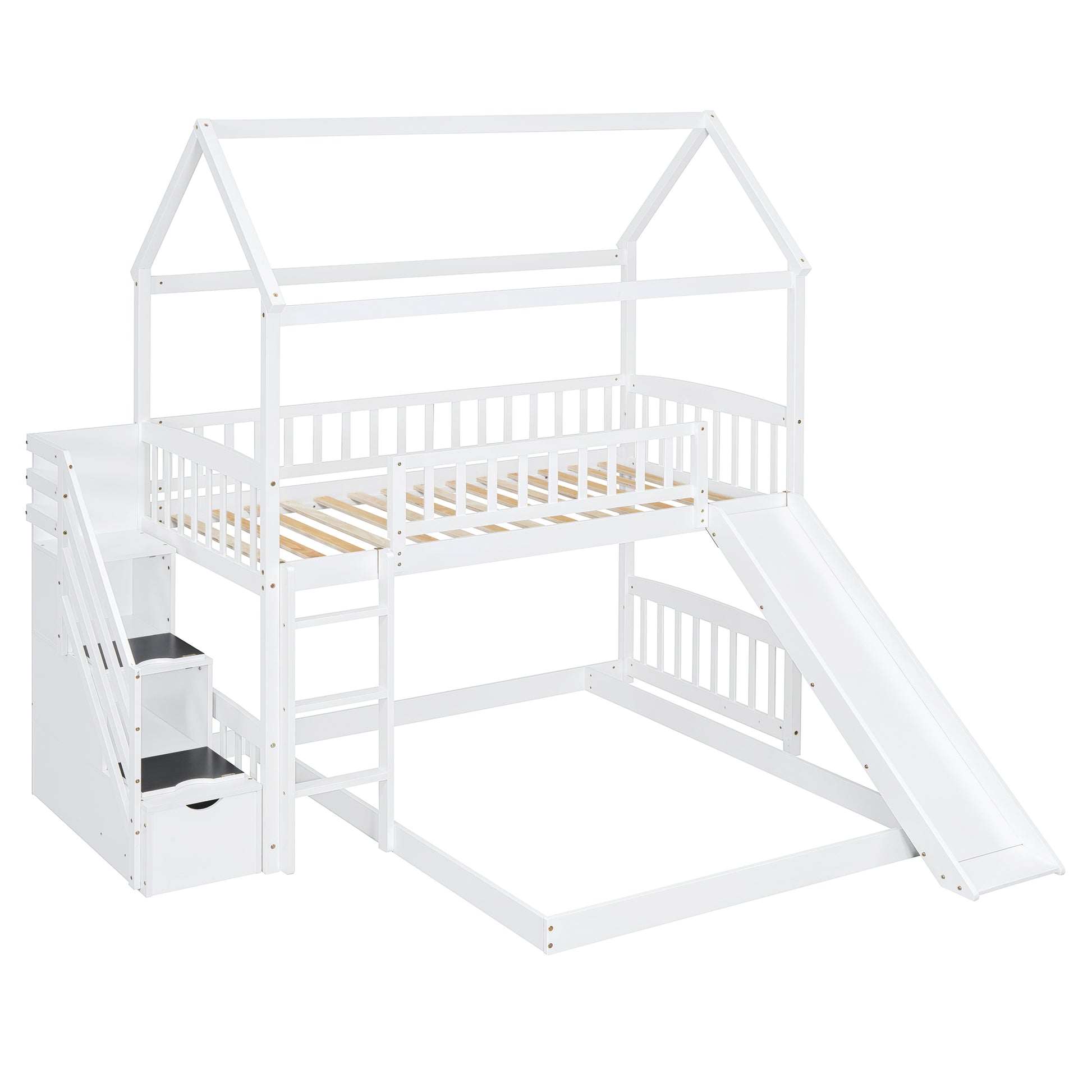 Twin Over Twin Bunk Bed With Two Drawers And Slide, House Bed With Slide, White Old Sku :Lt000129Aak White Pine