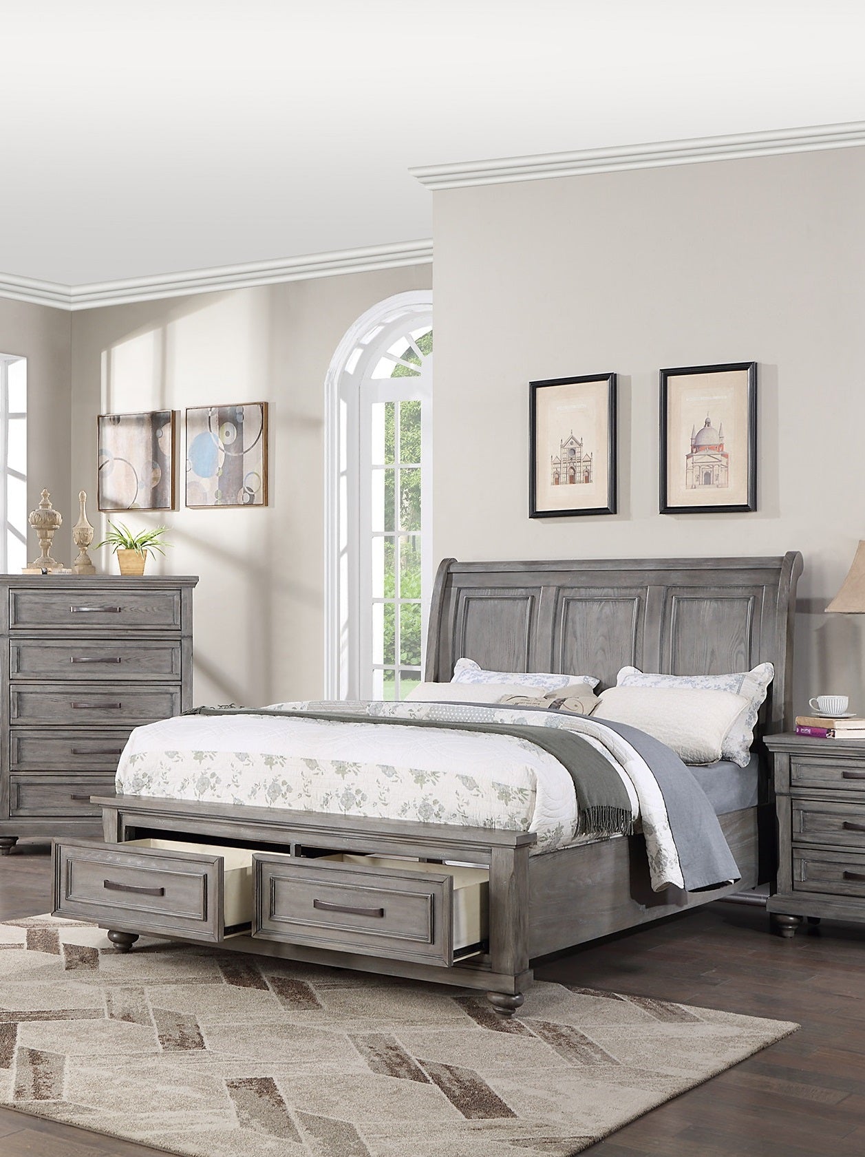 California King Size Bed W Under Bed Drawer Vintage Look Gray Color Beautiful Panel 1Pc Bedframe Bedroom Box Spring Required California King Antique Gray,Gray Wood Bedroom