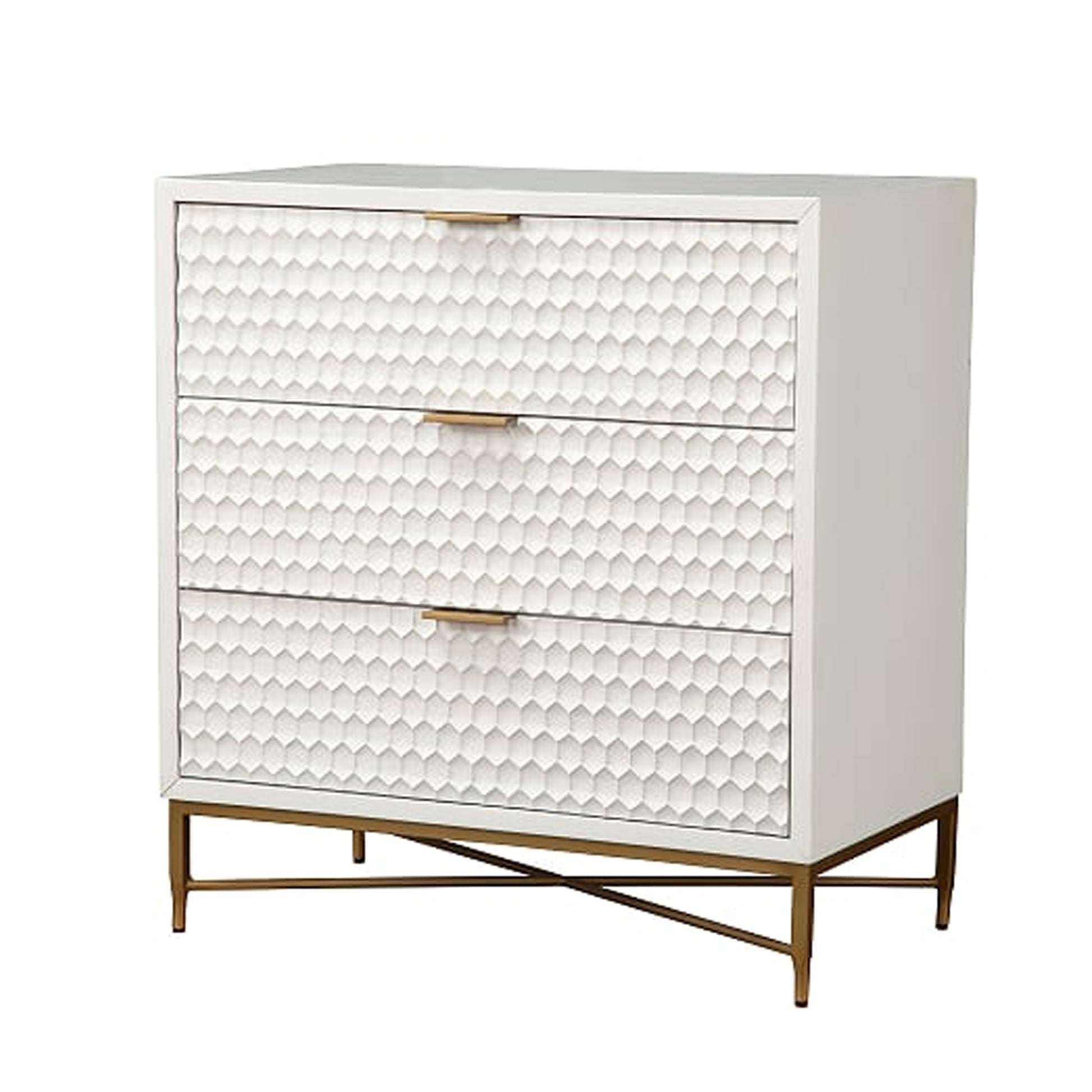 Honeycomb Design 3 Drawer Chest With Metal Legs, Small, White White Wood Metal