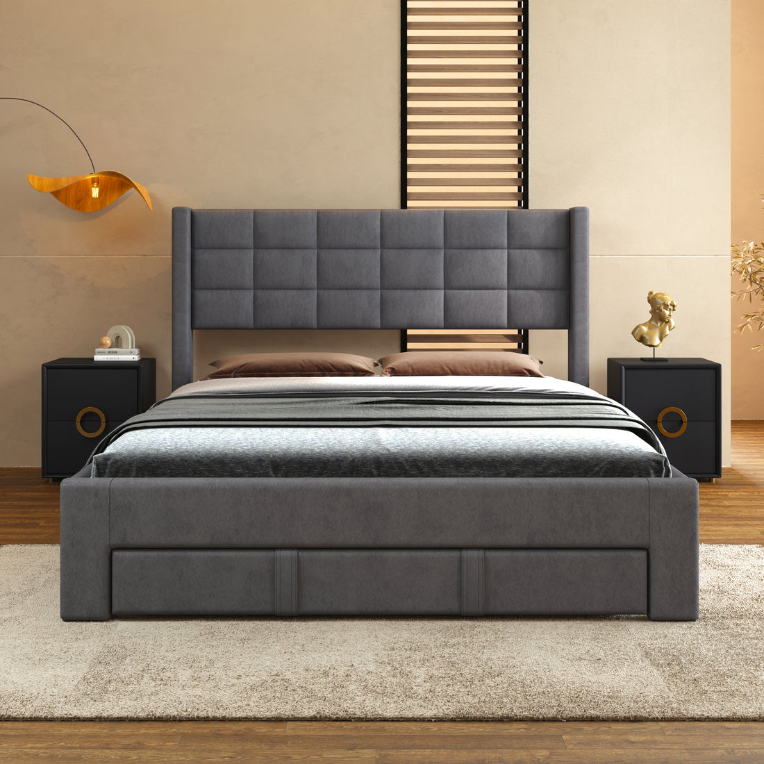 Queen Size Upholstered Platform Bed With A Big Drawer, Gray Box Spring Not Required Queen Gray Wood Bedroom Bed Frame Polyester Upholstered