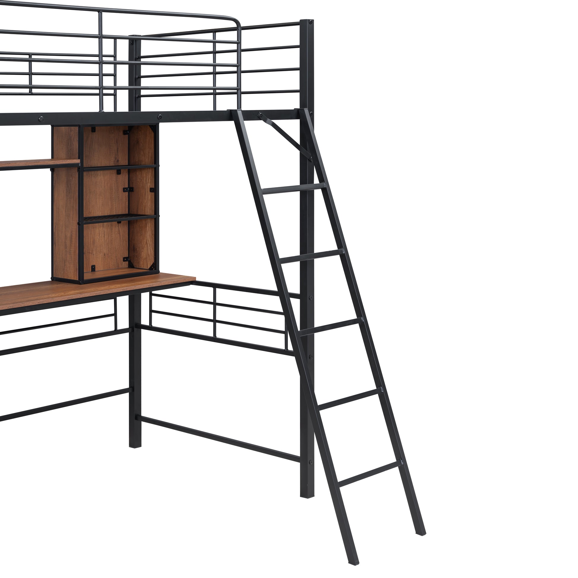 Twin Size Loft Bed With Desk And Shelfloft Bed With Ladder,Twin,Black Twin Black Metal