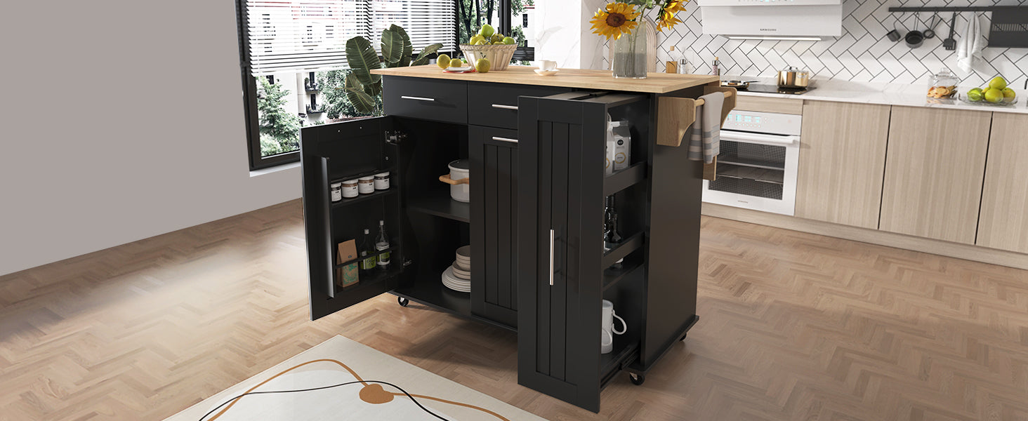 K&K Kitchen Island With Drop Leaf, Kitchen Storage Cart With 3 Tier Pull Out Cabinet Organizer, Internal Storage Rack, Rolling Kitchen Cart On Wheels With Towel Rack, 2 Drawers, For Kitchen, Black Black Brown Kitchen Classic,Farmhouse,Luxury,Modern