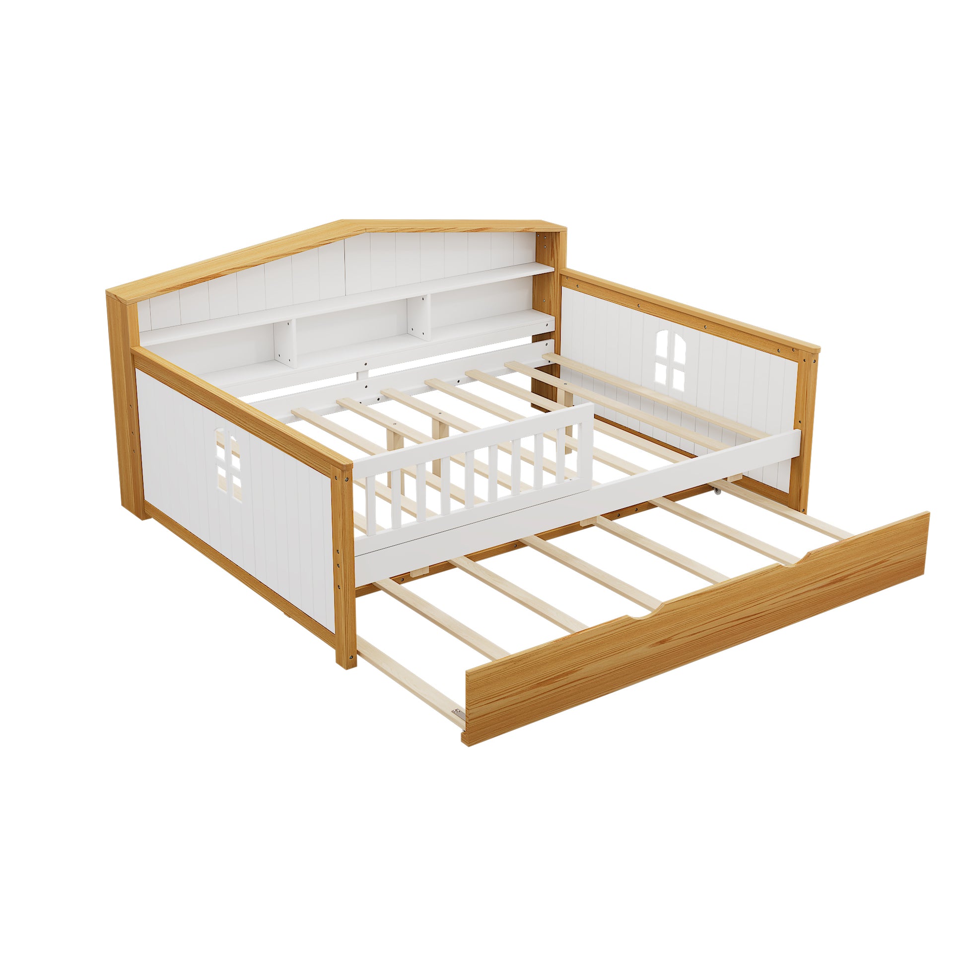 Full Size House Shape Daybed With Trundle And Bookcase Headboard Wooden Bed For Girls Boys Teens, No Box Spring Needed, Walnut And White Box Spring Not Required Full White Walnut Wood Bedroom Cute Pine Bed Frame Wood