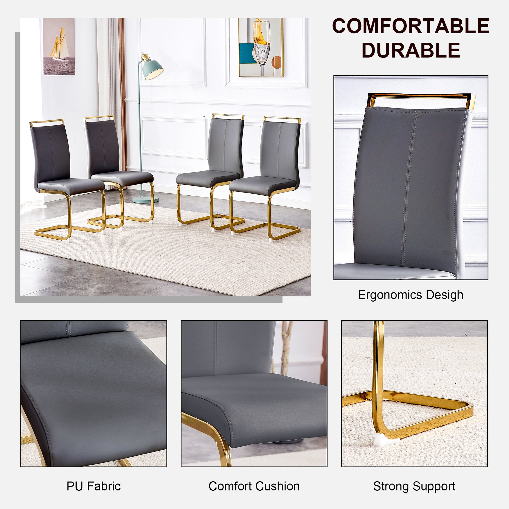 Table And Chair Set,Modern Rectangular Table With 0.4 Inch Black Patterned Tabletop And Gold Legs, Suitable For Kitchen, Dining Room, And Living Roomcomfortable Pu Seats,Perfect For Dinner, Meet Grey Black Seats 4 Sintered Stone